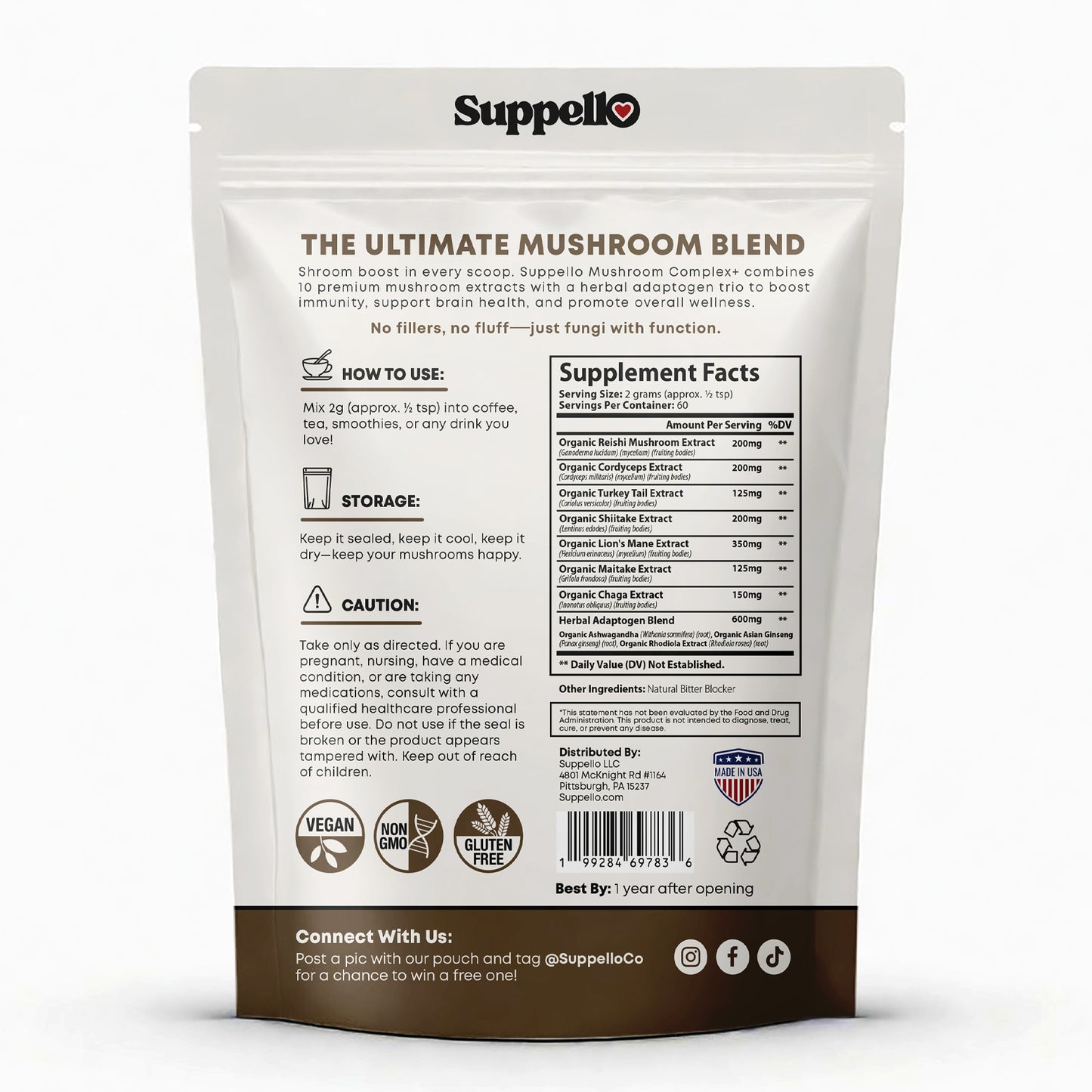 Suppello Mushroom Complex+ Powder back packaging – Lion's Mane, Reishi & Cordyceps blend