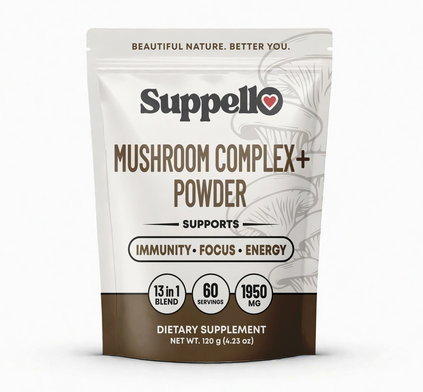 Suppello Mushroom Complex+ Powder front packaging – Lion's Mane, Reishi & Cordyceps blend