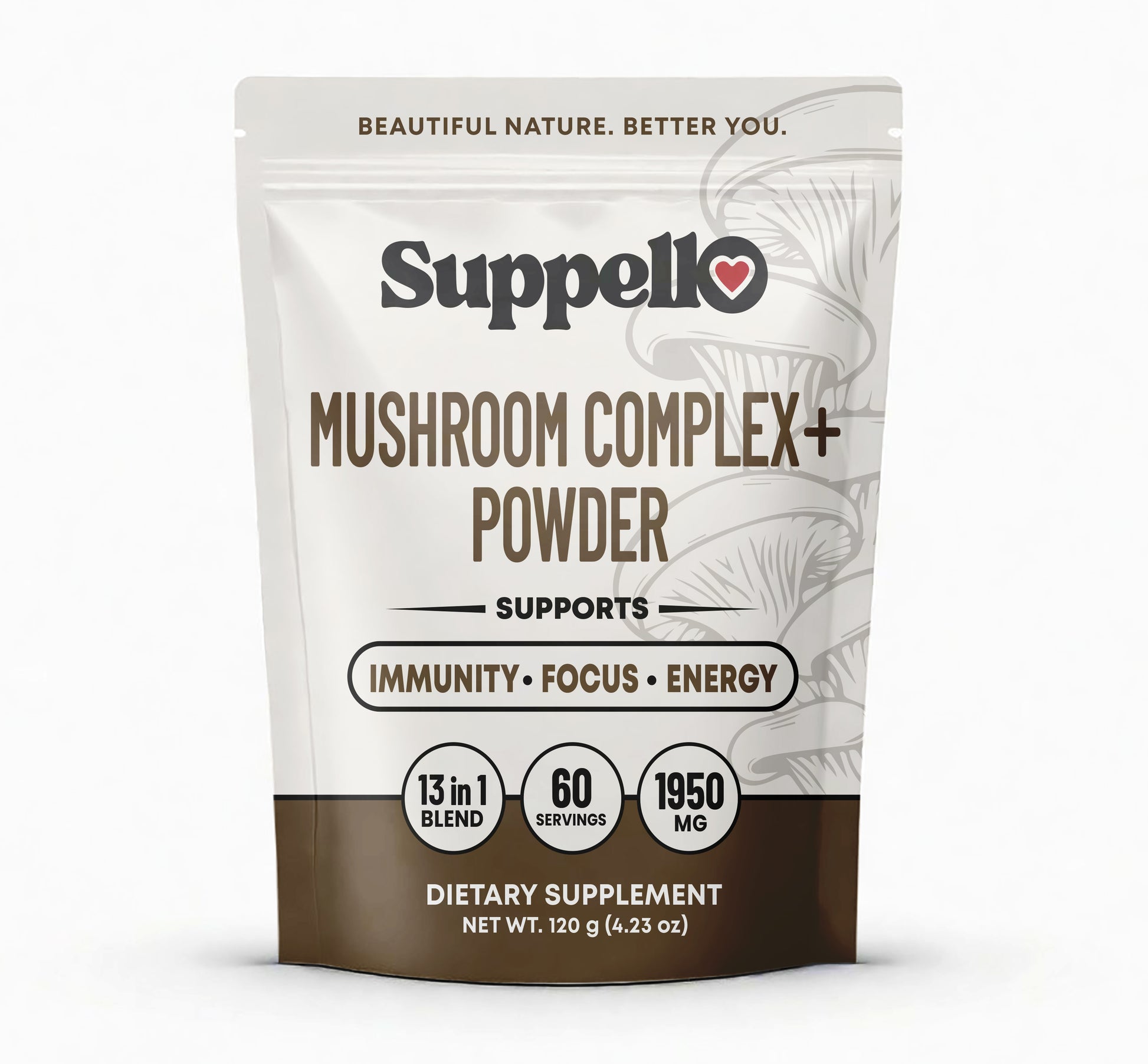 Suppello Mushroom Complex+ Powder front packaging – Lion's Mane, Reishi & Cordyceps blend
