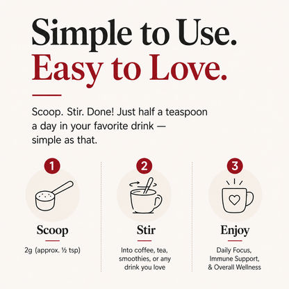 How to use Suppello Mushroom Complex+ Powder with scoop, stir, and enjoy instructions